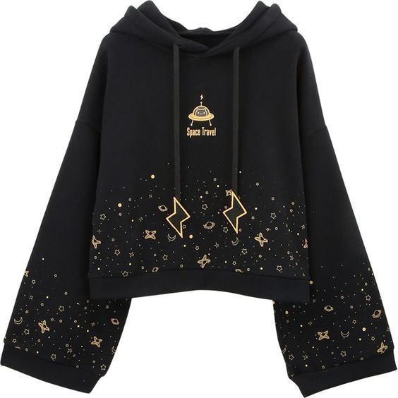 Cropped Hoodie Negro Estampado de Estrella Dorado - Golden Star